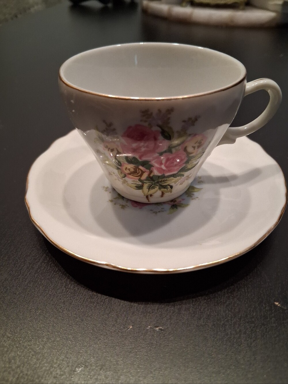 Porcelain Pink Rose Tea Cup and Saucer with Gold Trim